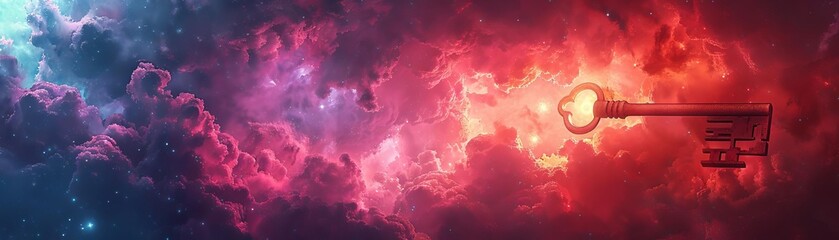 Surreal cosmic landscape with a glowing key floating in colorful clouds, symbolizing mystery and exploration of the universe.
