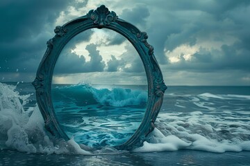 Ornate vintage mirror reflecting a stormy sea, Fantasy, Cool Tones, HighResolution