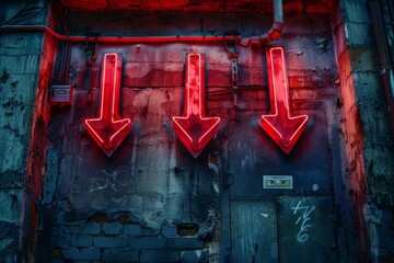 Three neon red arrows pointing downward on a dark urban wall, creating a vibrant and edgy street art scene.