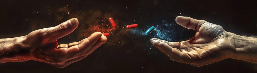 Two hands reaching out, each holding a red and blue pill, symbolizing choice and decision in a dark, mysterious atmosphere