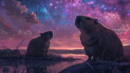 Two beavers sitting by the water under a colorful starry night sky, creating a serene and magical scene.