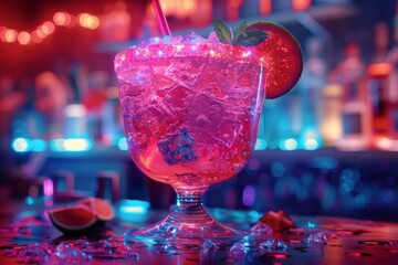 Futuristic cocktail with neon lights and holographic elements, SciFi, Bright Colors, HighResolution