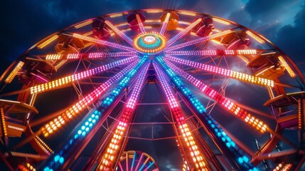 Spinning Ferris wheel with vibrant lights, dynamic motion, Fun, Multicolor, HighResolution