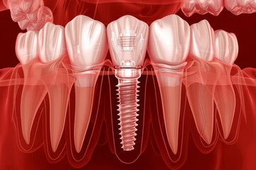 Dental implant in a realistic human jaw, detailed medical illustration, Medical, Red and White, HighResolution
