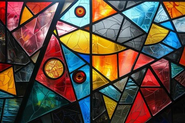 Abstract stained glass window with geometric shapes, Psychedelic, Bright Colors, High Detail