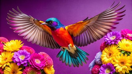 Fototapeta premium Colorful Bird with Spread Wings Flying Among Red and White Flowers