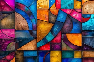 Abstract stained glass window with geometric shapes, Psychedelic, Bright Colors, High Detail