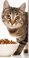 A cat peeping out of the corner, gazing at a bowl of food with curiosity, isolated on a white background