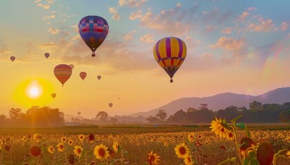 Obraz premium Sunset Spectacle: Vibrant Hot Air Balloons Soaring Over a Mexican Sunflower Field in Mae Hong Son Pr