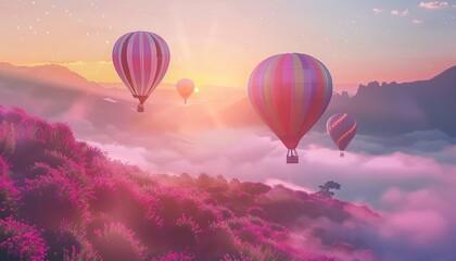 Obraz premium Enchanting Morning: Hot Air Balloons Soaring over a Strawberry Garden at Sunrise