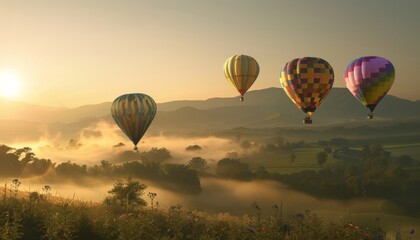 Obraz premium Whimsical Morning Magic: Hot Air Balloons Soaring Over Strawberry Gardens and Mountain Views