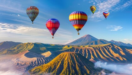 Fototapeta premium Breathtaking Beauty: Hot Air Balloons Soar over Mount Bromo in Indonesia