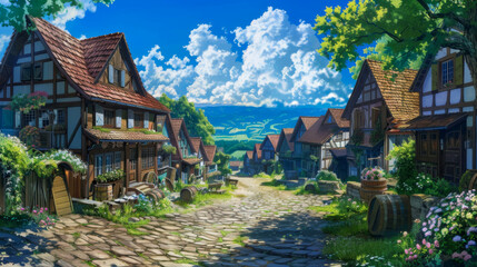 Fototapeta premium European village in anime style