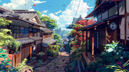 Fototapeta premium Japanese village in anime style
