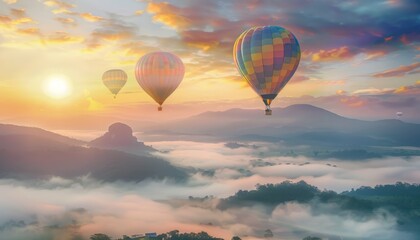 Obraz premium Morning Majesty: Hot Air Balloons Soar Above Foggy Peaks and Shimmering Seas