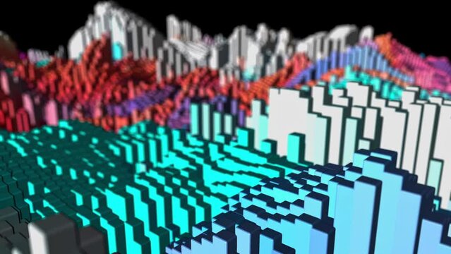 Multicolor surface with moving cubes. Abstract background of colored column on the floor, panning. Smoothly moving landscape with bokeh