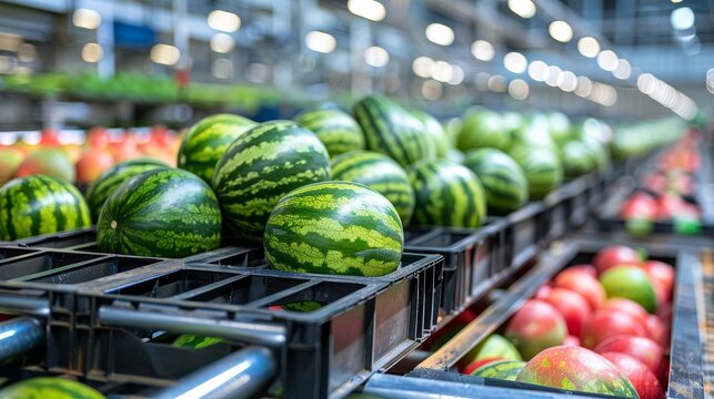 Rows of packed crates filled with watermelons on a conveyor belt in a modern distribution center