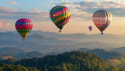 Naklejka premium Vibrant Hot Air Balloons Soar Over Doi Inthanon in Chiang Mai, Thailand