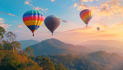 Naklejka premium Breathtaking Views: Colorful Hot Air Balloons Soar Over Doi Inthanon in Chiang Mai, Thailand