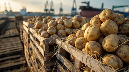 Potatoes packed in wooden crates with straw padding, ready for export, against a backdrop of a busy shipping dock