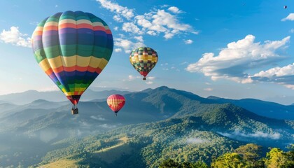 Obraz premium Rainbow of hot air balloons dance above Doi Inthanon in Chiang Mai, Thailand!