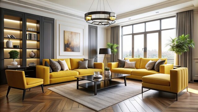 Beautiful and sophisticated living room in minimalist style with yellow and black colors, featuring matching furniture, modern, elegant, interior design, decoration, monochrome, aesthetic