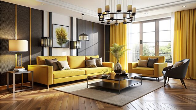 Beautiful and sophisticated living room in minimalist style with yellow and black colors, featuring matching furniture, modern, elegant, interior design, decoration, monochrome, aesthetic