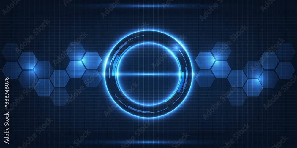 Poster Vector illustration of futuristic blue digital high technology with circle hud and digital circuit element pattern for game and advertising artwork.Future tech design concepts.