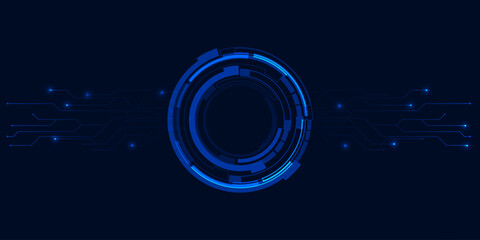 Abstract blue futuristic hi tech digital technology background with circle head up display and digital circuit element pattern.