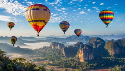 Fototapeta premium Serene Beauty: Colorful Hot Air Balloons Soaring Over Phu Langka National Park in Phayao, Thailand