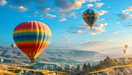 Obraz premium Enchanting Balloon Ride: Aerial Views of Cappadocia's Red Valley and Volcanic Mountains