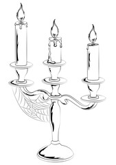 Vintage candelabrum with three white candles in black and white contour style