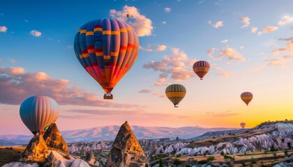 Naklejka premium Magical Journey: Hot Air Balloons Soar Over Cappadocia's Volcanic Mountains
