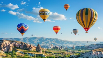 Fototapeta premium Rainbow Flight: Hot Air Balloons Soaring over Cappadocia's Volcanic Valley