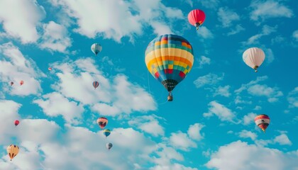 Obraz premium Up, Up, and Away: Captivating Views of Colorful Hot Air Balloons Soaring High