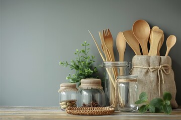 reusable bag Bamboo utensils, bamboo spoons, bamboo forks, bamboo ladles and glass bottles, with a clean background for inserting text.
