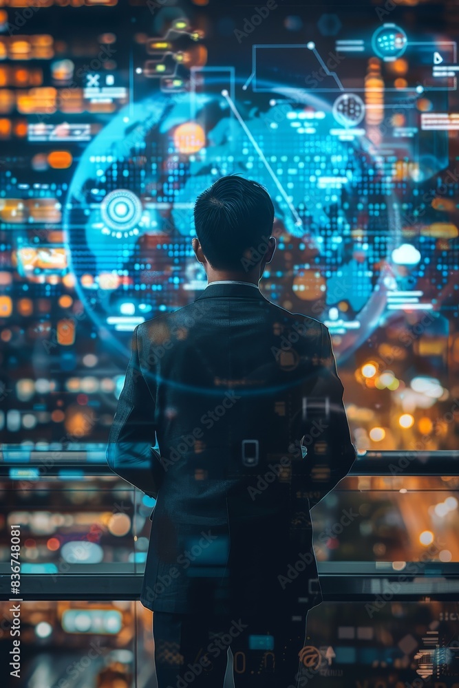 Poster tech executive analyzing global data on digital interface. concept technology trends