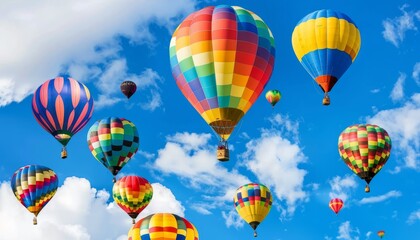 Fototapeta premium Vibrant Horizons: A Spectacular Display of Colorful Hot Air Balloons in the Blue Sky