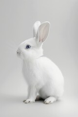 Cute albino rabbit with striking blue eyes posed on a plain grey background, appearing curious.