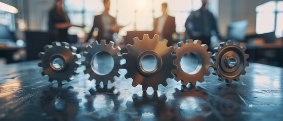  Teamwork in an office setting with gears symbolizing collaboration