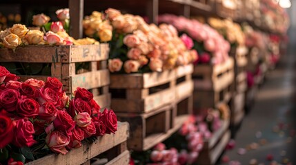 Packed crates of roses lined up for shipment in a raw, unfiltered warehouse scene