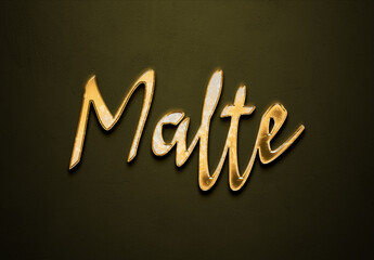 Old gold text effect of name Malte with 3D glossy style Mockup.