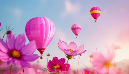 Obraz premium Vibrant Skies: Hot-Air Balloons Soaring Above Cosmos Flower Field