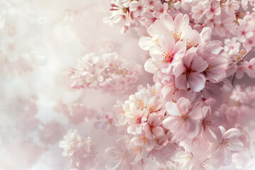 Cherry blossom flowers in full bloom, soft pink hues standing out against the soft background. Serene floral elegance