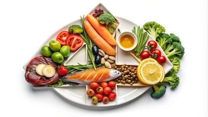 Healthy food number 4 made of vegetables, fruits, and fish on white background, healthy eating,...