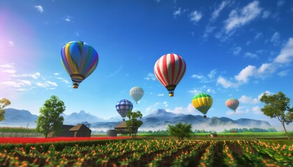 Fototapeta premium A Vibrant Journey: Hot-Air Balloons Soar Above the Agricultural Farm