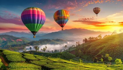 Fototapeta premium Spectacular Sunset: Vibrant Hot-Air Balloons Glide Above Tea Plantation