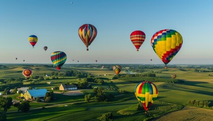 Vibrant Aerial Scene: Hot-Air Balloons Soaring Above the Agricultural Farm