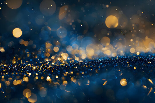 sparkling gold particles and deep blue glow, evoking festive elegance and celebration. generative ai