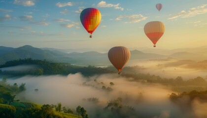 Fototapeta premium Over the Rainbow: Sunrise Spectacle of Hot-Air Balloons at Doi Inthanon National Park